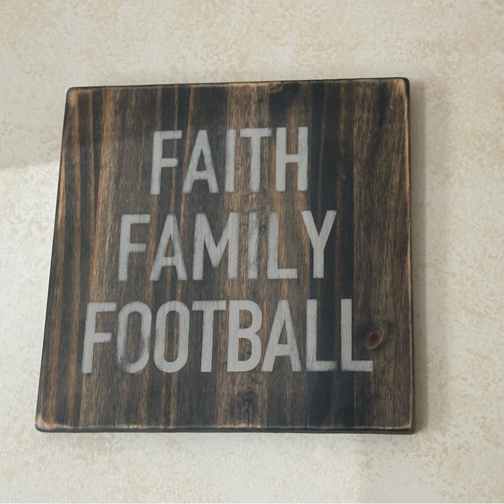 Faith family football wooden sign